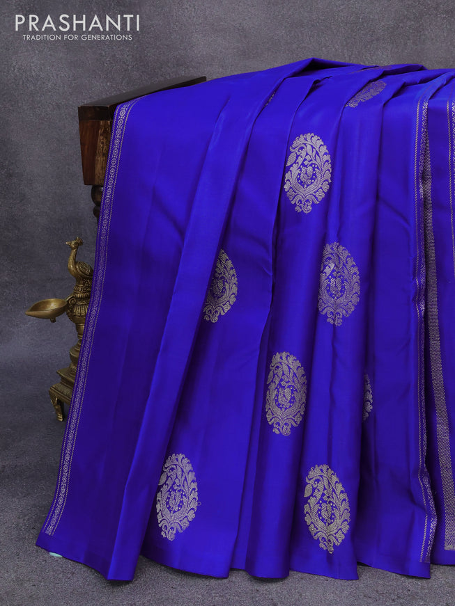Pure kanjivaram silk saree blue and pink with silver & gold zari weaves in borderless style