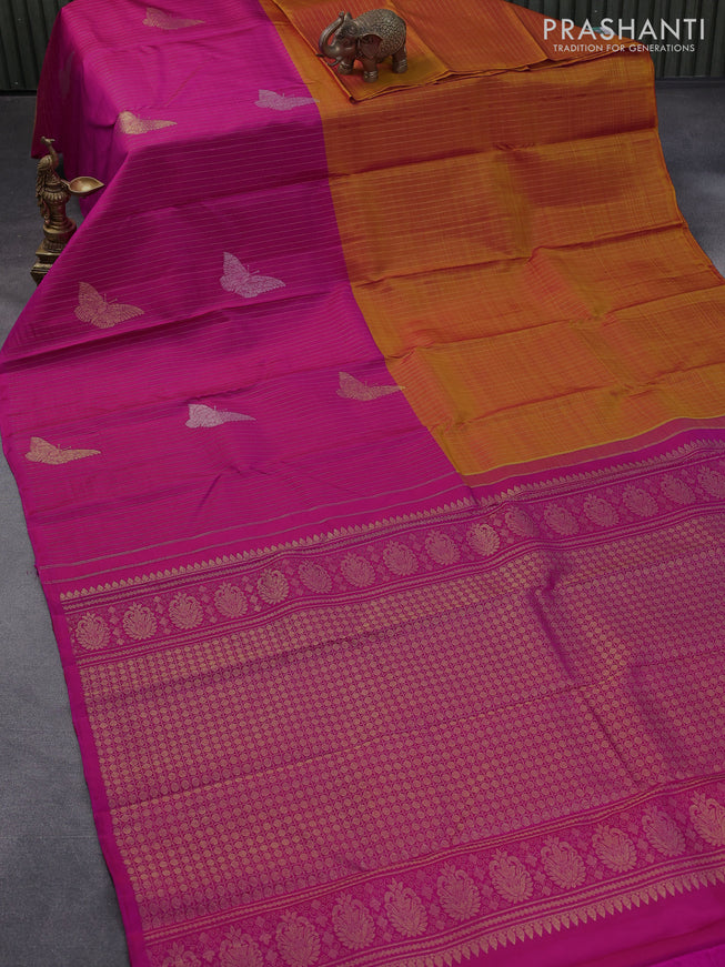 Pure kanjivaram silk saree dual shade of mustard and pink with half & half style and long zari woven border