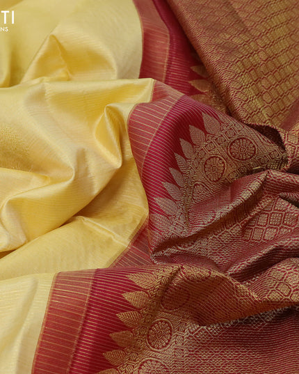 Pure kanjivaram silk saree pale yellow and maroon with allover zari weaves & buttas in borderless style