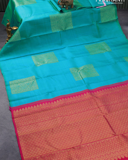Pure kanjivaram silk saree teal blue and pink with zari woven box type buttas in borderless style