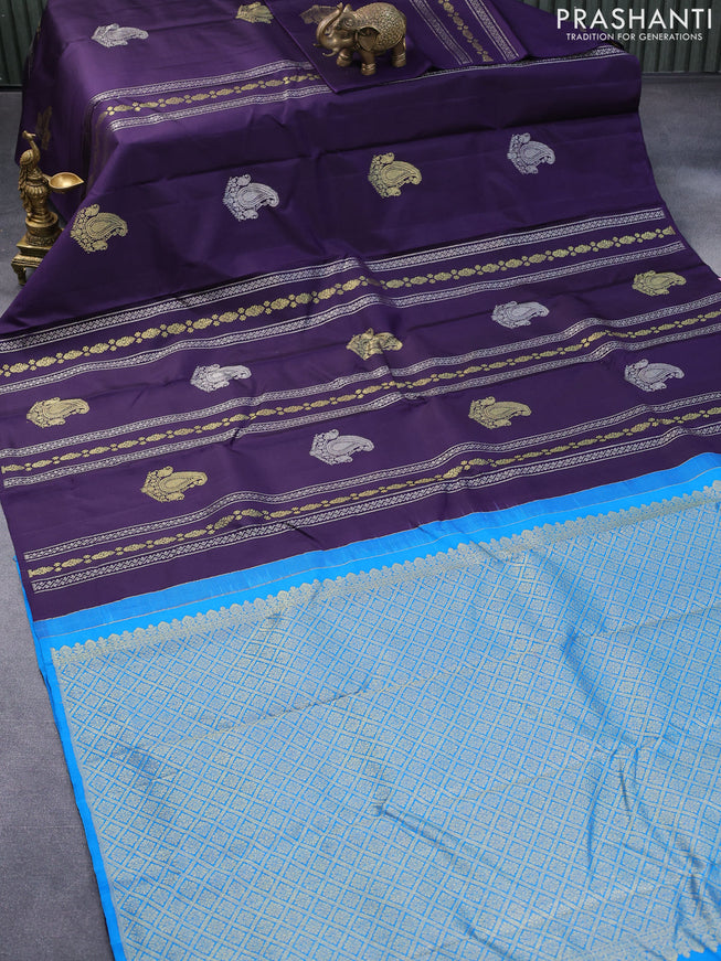 Pure kanjivaram silk saree dark blue and cs blue with silver & gold zari weaves in borderless style