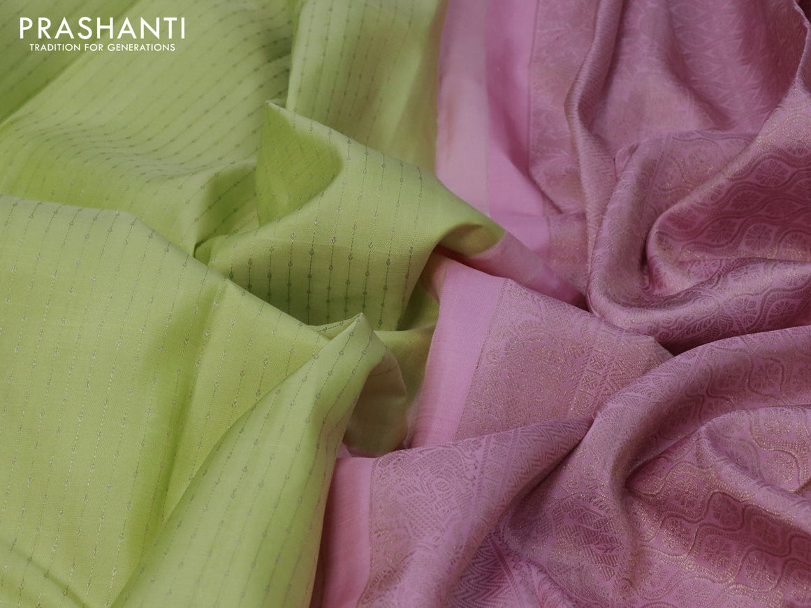 Pure kanjivaram silk saree pista green and light pink with allover silver zari weaves and zari woven butta border