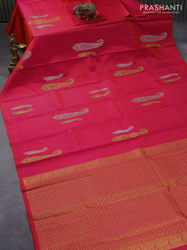 Pure kanjivaram silk saree dual shade of pinkish orange with silver & gold zari woven paisley buttas in borderless style