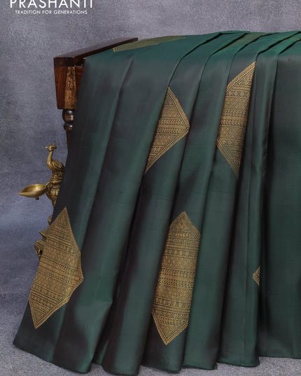 Pure kanjivaram silk saree bottle green and light blue with zari woven geometric buttas in borderless style