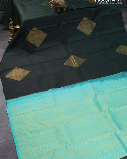 Pure kanjivaram silk saree bottle green and light blue with zari woven geometric buttas in borderless style