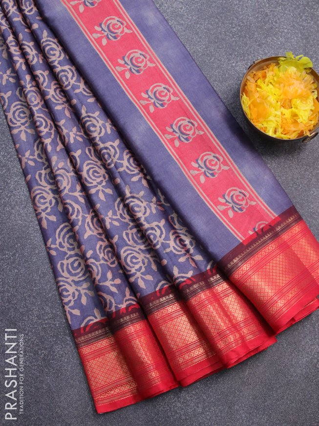 Semi kanjivaram silk saree blue shade and red with allover floral digital prints and zari woven border
