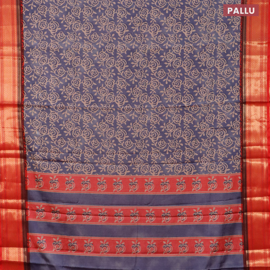 Semi kanjivaram silk saree blue shade and red with allover floral digital prints and zari woven border