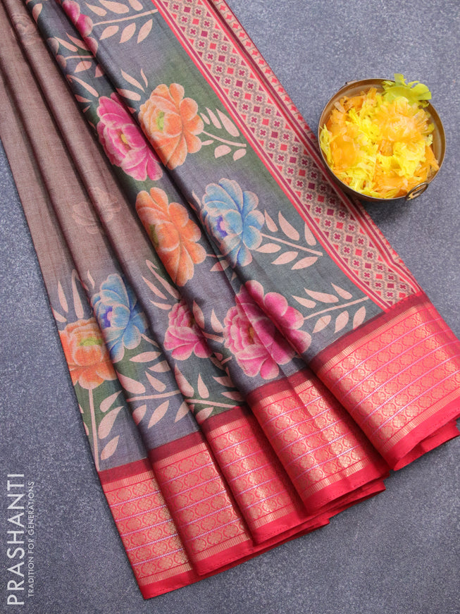 Semi kanjivaram silk saree brown shade and red with allover floral digital prints and zari woven border