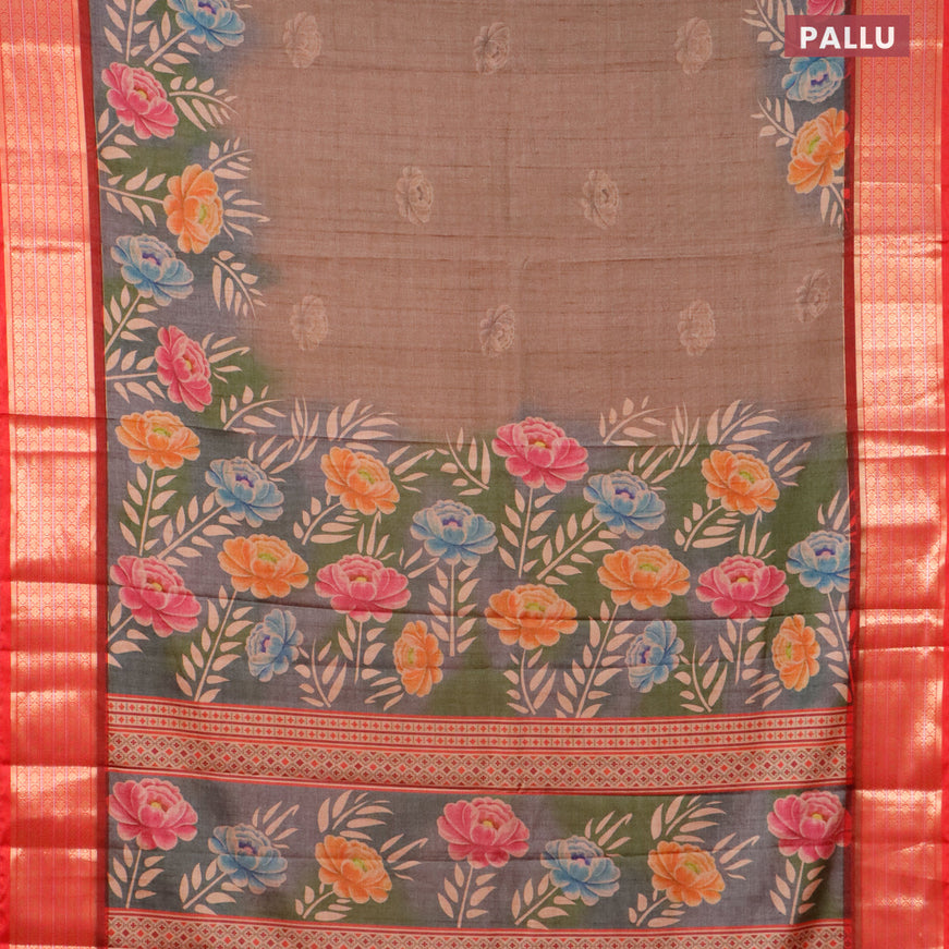 Semi kanjivaram silk saree brown shade and red with allover floral digital prints and zari woven border