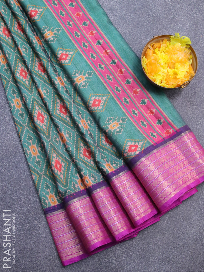Semi kanjivaram silk saree teal green and purple with allover patola digital prints and zari woven border