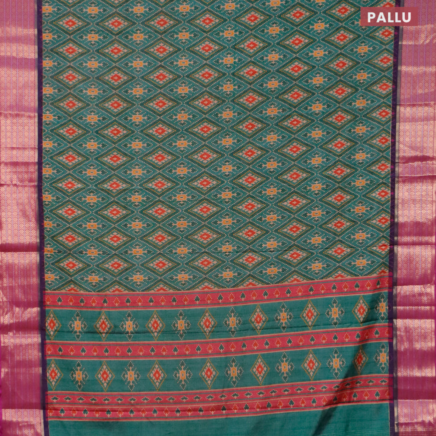 Semi kanjivaram silk saree teal green and purple with allover patola digital prints and zari woven border