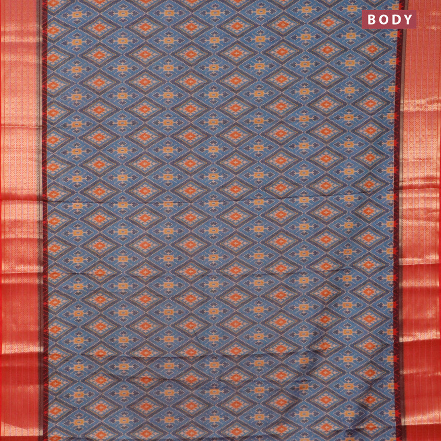 Semi kanjivaram silk saree blue shade and red with allover patola digital prints and zari woven border