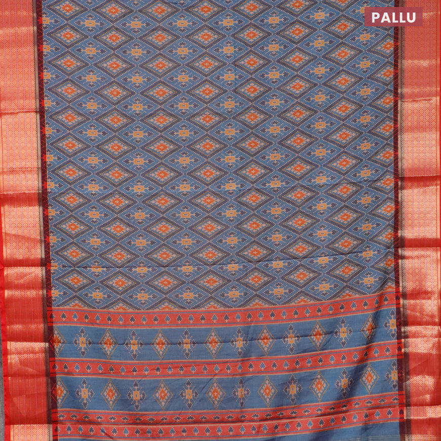 Semi kanjivaram silk saree blue shade and red with allover patola digital prints and zari woven border