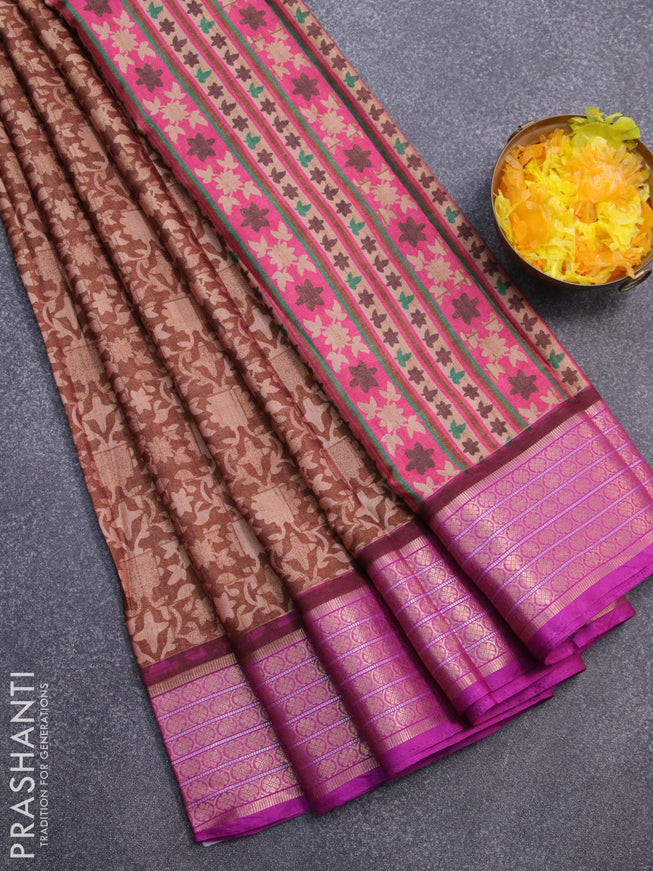 Semi kanjivaram silk saree brown and purple with allover digital prints and zari woven border