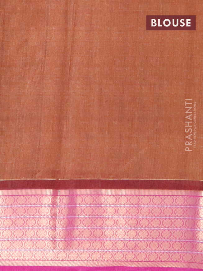 Semi kanjivaram silk saree brown and purple with allover digital prints and zari woven border