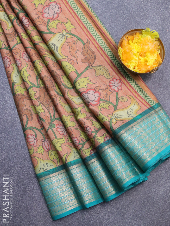 Semi kanjivaram silk saree rust shade and teal green with allover digital prints and zari woven border