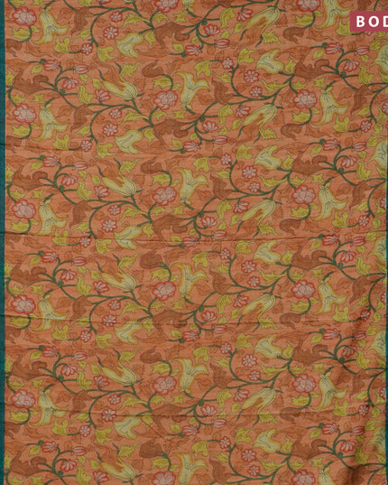 Semi kanjivaram silk saree rust shade and teal green with allover digital prints and zari woven border