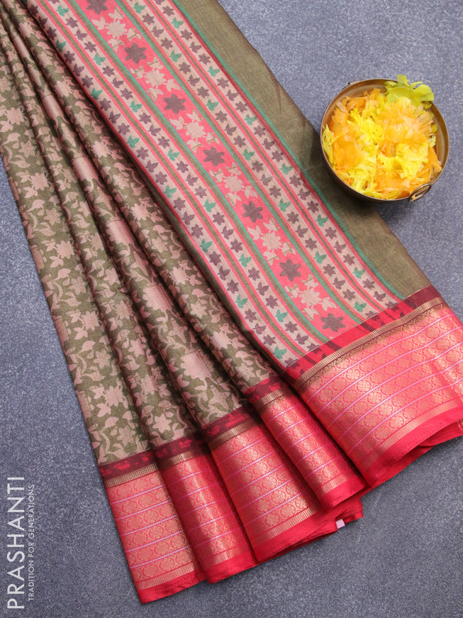 Semi kanjivaram silk saree sap green and red with allover digital prints and zari woven border