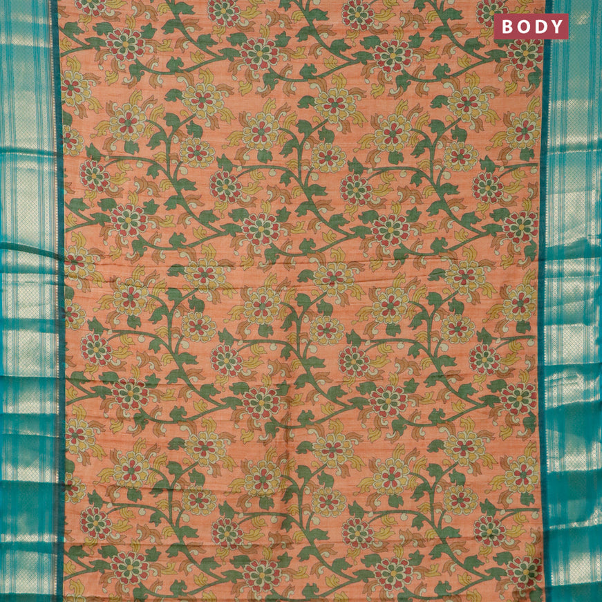 Semi kanjivaram silk saree rust shade and teal green with allover kalamkari digital prints and zari woven border