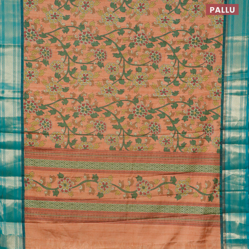 Semi kanjivaram silk saree rust shade and teal green with allover kalamkari digital prints and zari woven border