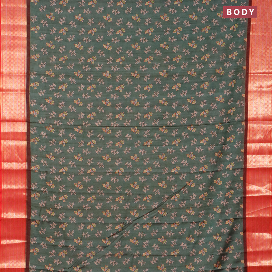 Semi kanjivaram silk saree sap green shade and red with allover floral butta digital prints and zari woven border