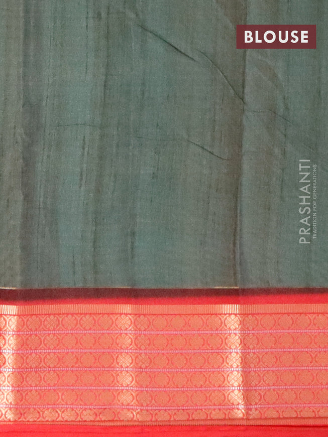 Semi kanjivaram silk saree sap green shade and red with allover floral butta digital prints and zari woven border