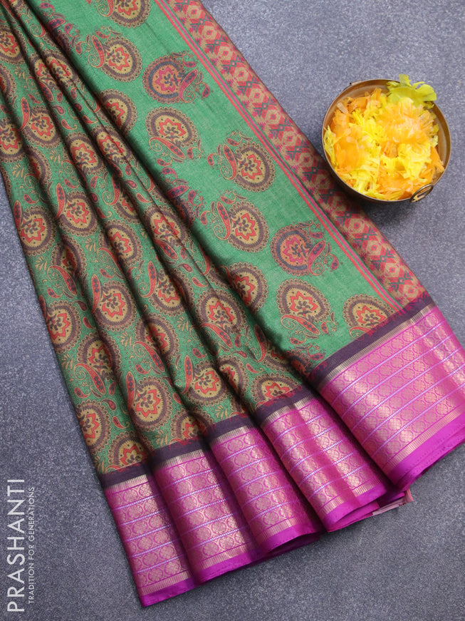 Semi kanjivaram silk saree green and purple with allover digital prints and zari woven border