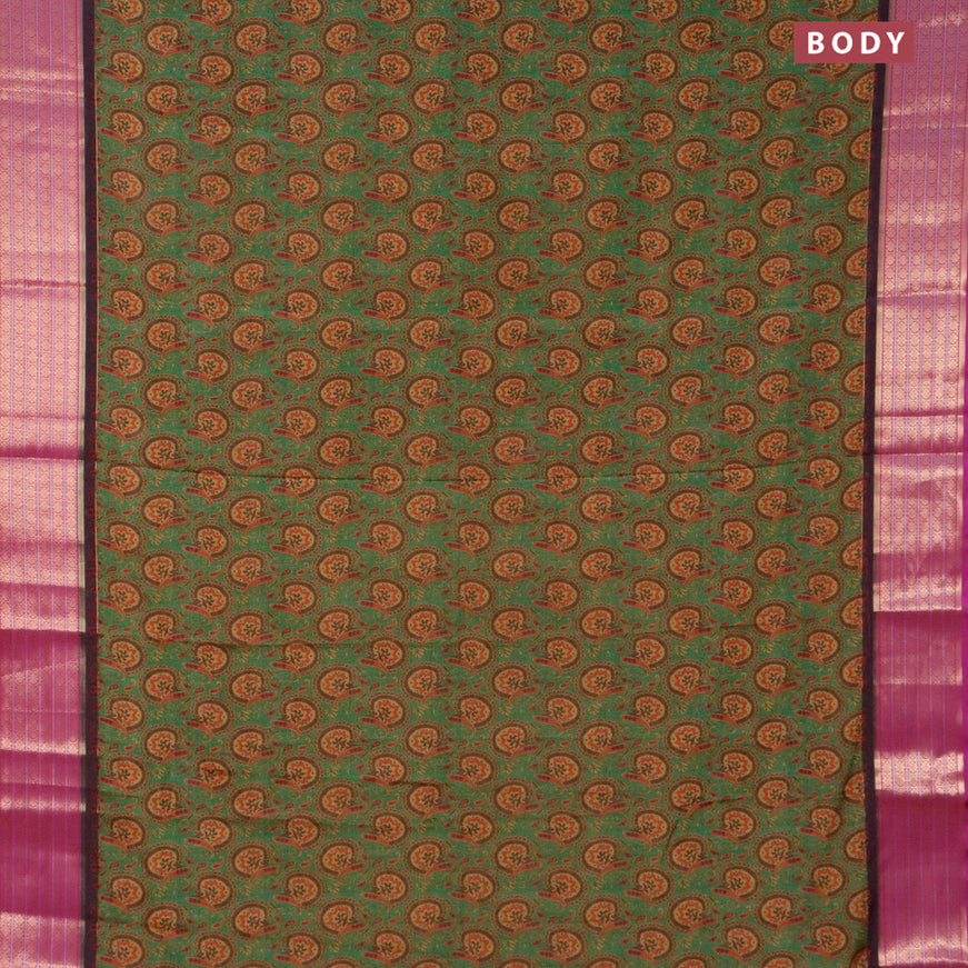 Semi kanjivaram silk saree green and purple with allover digital prints and zari woven border