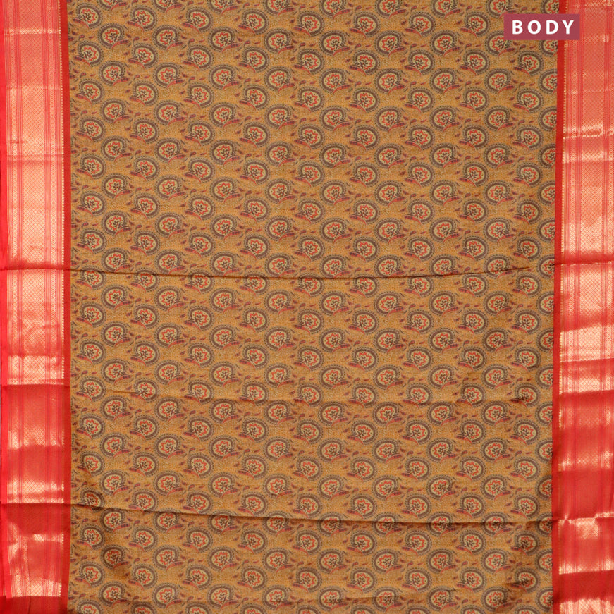 Semi kanjivaram silk saree mustard shade and red with allover digital prints and zari woven border