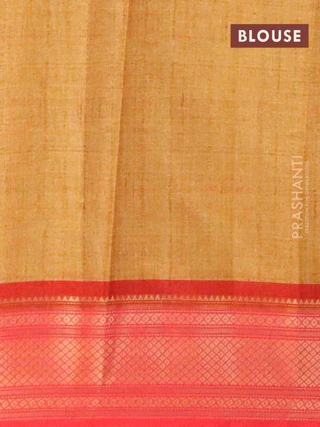 Semi kanjivaram silk saree mustard shade and red with allover digital prints and zari woven border