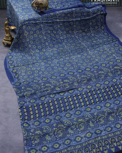 Modal silk saree blue with allover floral prints and ajrakh printed pallu
