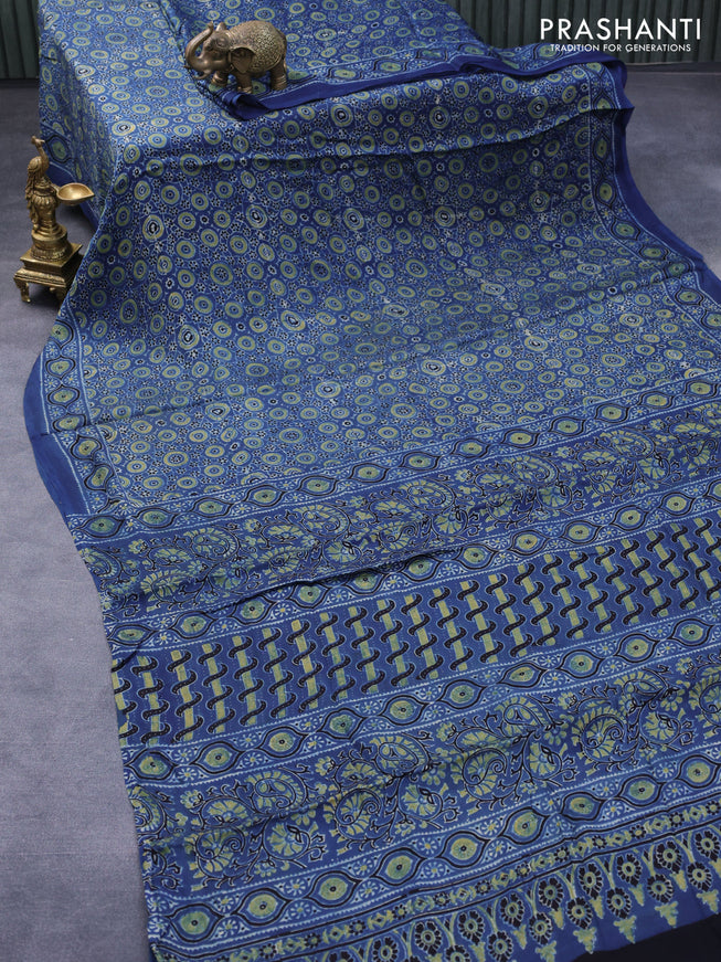 Modal silk saree blue with allover floral prints and ajrakh printed pallu