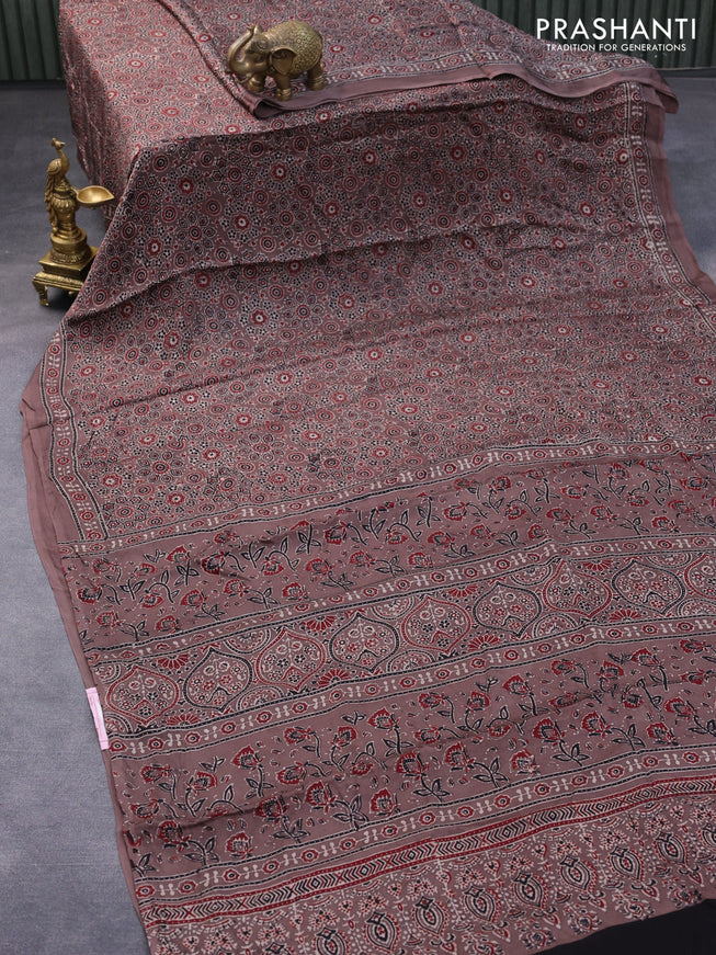 Modal silk saree brown with allover floral prints and ajrakh printed pallu