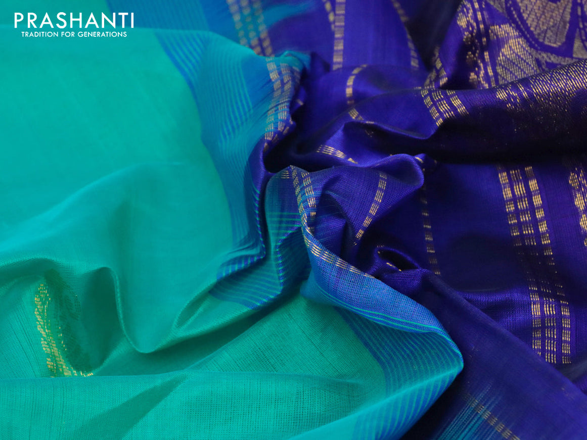 Silk cotton saree teal green and blue with zari woven paisley buttas and annam & paisley zari woven border