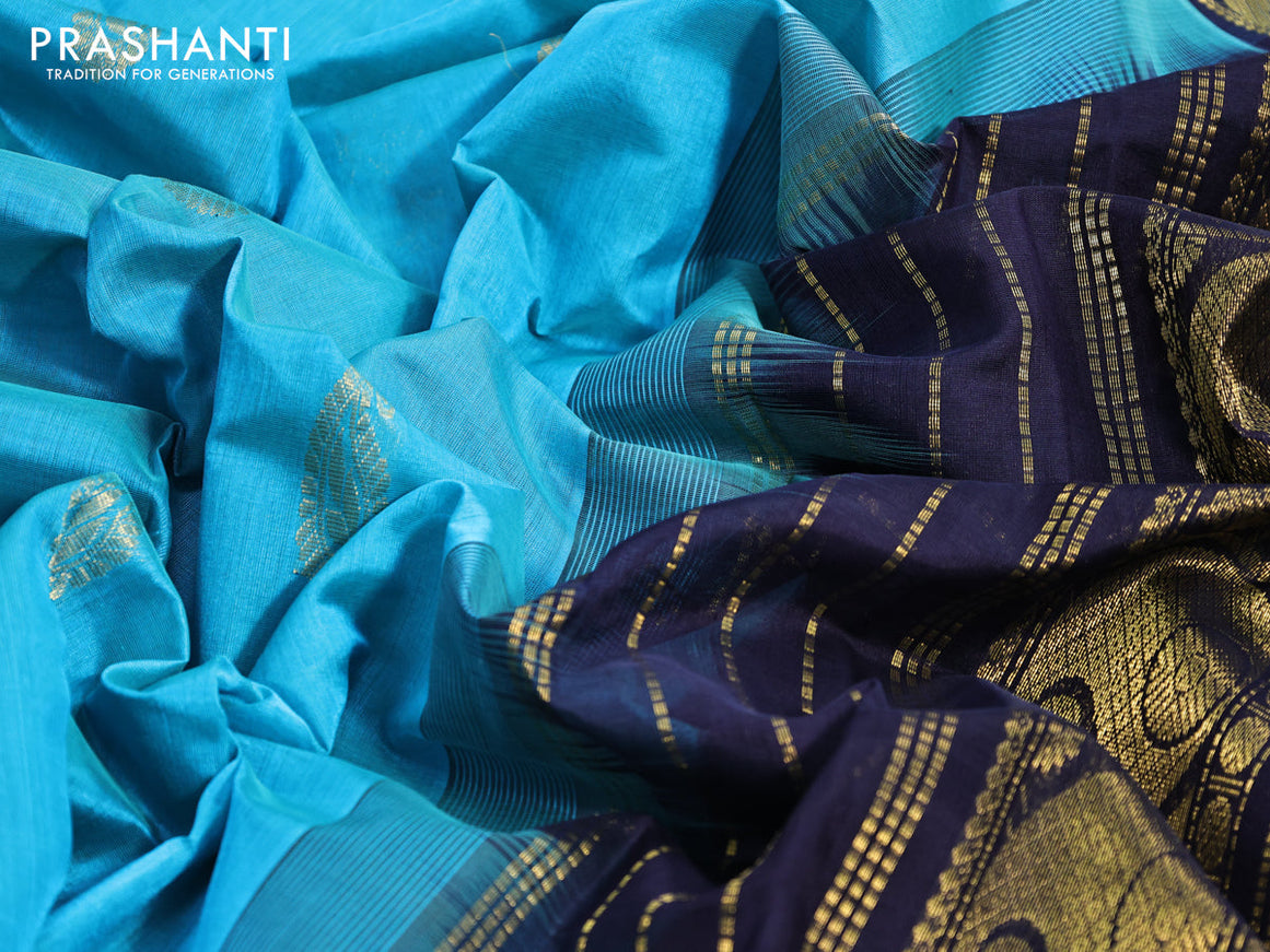 Silk cotton saree light blue and navy blue with zari woven paisley buttas and annam & paisley zari woven border