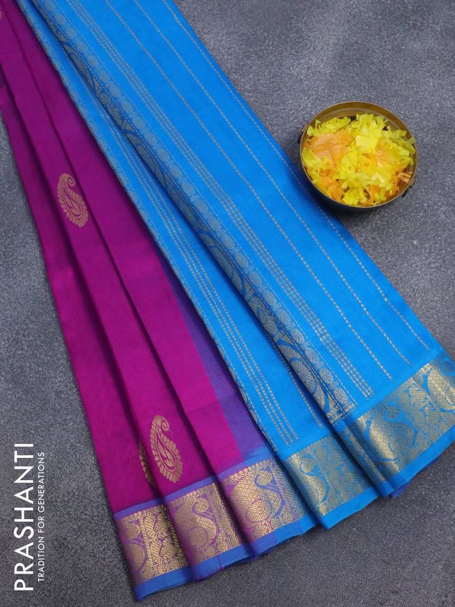 Silk cotton saree purple and cs blue with zari woven paisley buttas and annam & paisley zari woven border