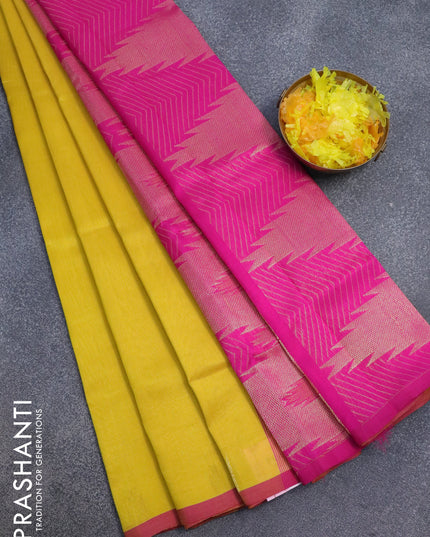 Silk cotton saree yellow and pink with zari woven buttas and temple zari woven border