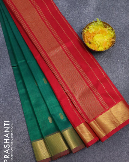 Silk cotton saree green and red with paisley zari woven buttas and zari woven border