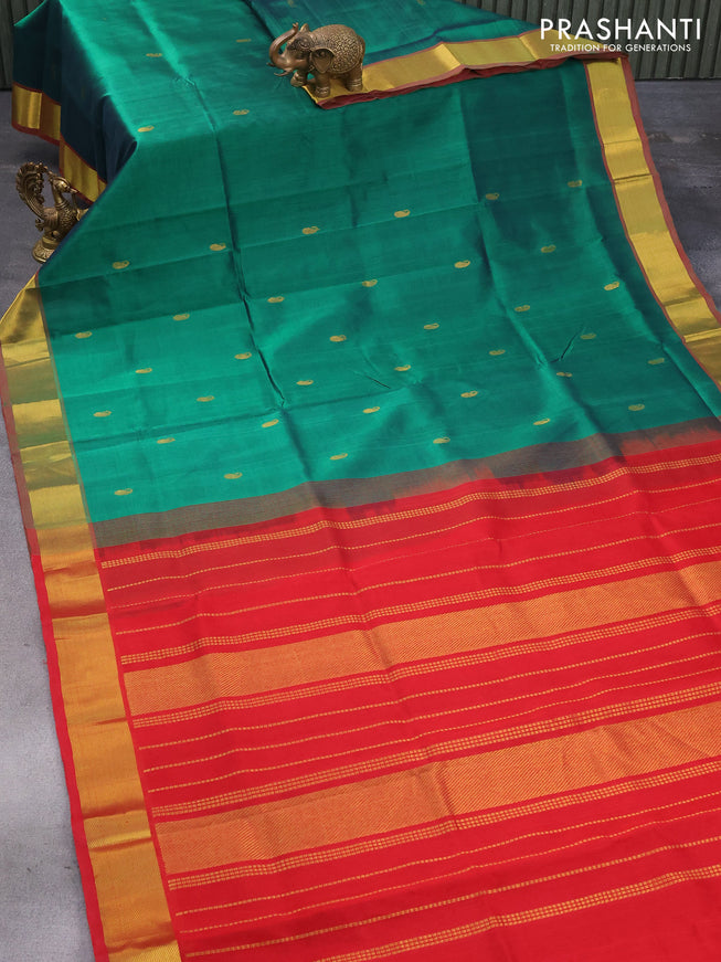 Silk cotton saree green and red with paisley zari woven buttas and zari woven border