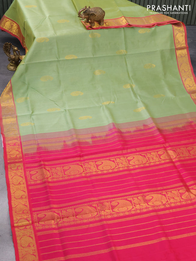 Silk cotton saree pastel green and pink with zari woven paisley buttas and annam & paisley zari woven border