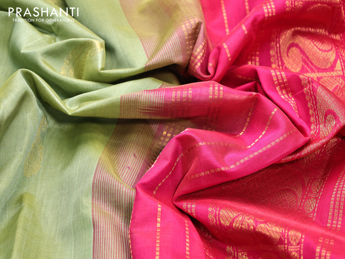 Silk cotton saree pastel green and pink with zari woven paisley buttas and annam & paisley zari woven border
