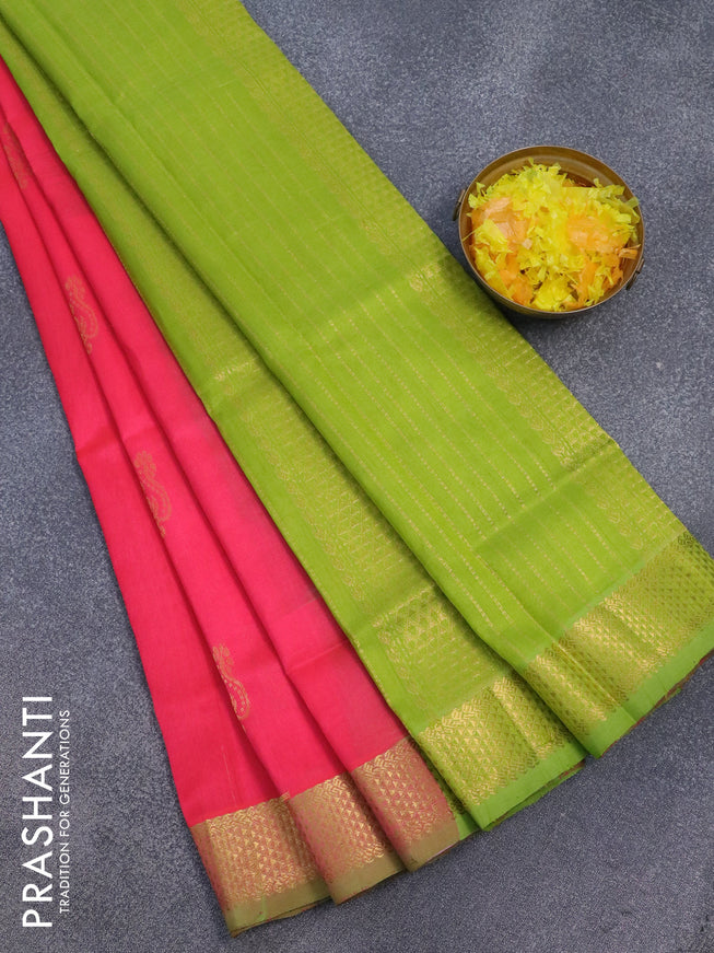 Silk cotton saree candy pink and light green with zari woven buttas and zari woven border