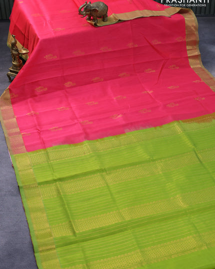 Silk cotton saree candy pink and light green with zari woven buttas and zari woven border