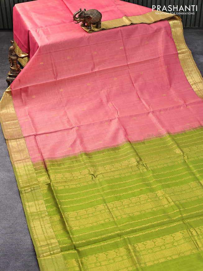 Silk cotton saree pink and light green with zari woven rudhraksha buttas and zari woven border