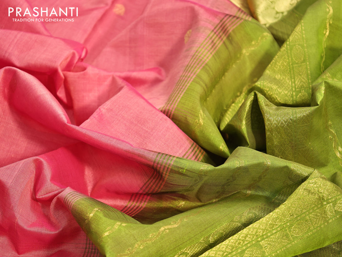 Silk cotton saree pink and light green with zari woven rudhraksha buttas and zari woven border