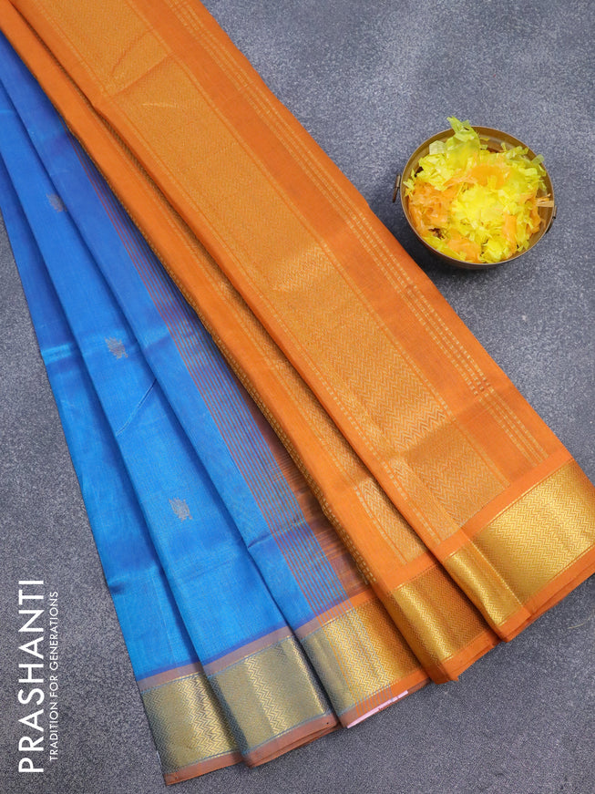 Silk cotton saree blue and dark mustard with leaf zari woven buttas and zari woven border