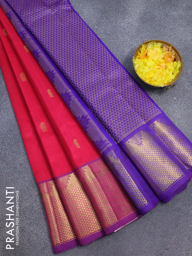 Silk cotton saree pink and blue with zari woven paisley buttas and temple zari woven border