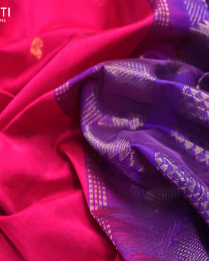 Silk cotton saree pink and blue with zari woven paisley buttas and temple zari woven border