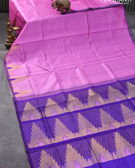 Silk cotton saree lotus pink and blue with zari woven buttas and temple zari woven border