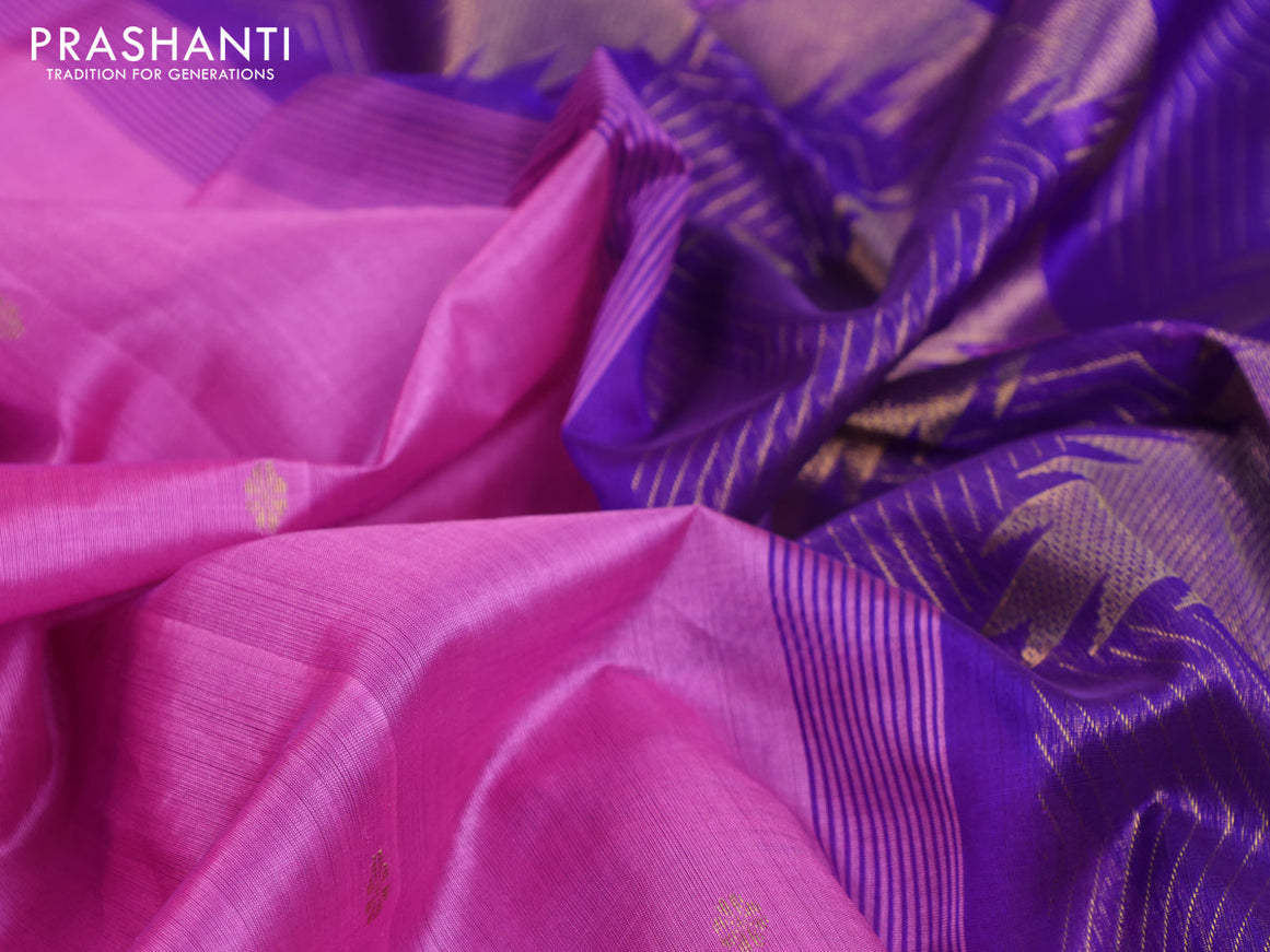Silk cotton saree lotus pink and blue with zari woven buttas and temple zari woven border